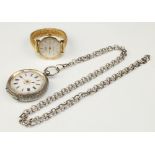 A lady's Edwardian silver key wind fob watch and chain together with a Roma wristwatch