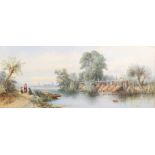 M H Long, watercolour, signed, study of figures beside a lake with distant buildings, unframed 7 3/