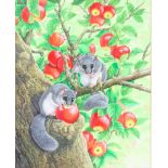 R W Orr, watercolour drawing, study of 2 European dormice in an apple tree 16" x 12 1"2, signed