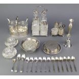 A silver plated 4 bottle cruet and minor plated items