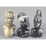 3 South African carved stone portrait busts of lady and gentlemen 9"