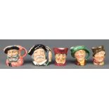 5 small Royal Doulton character jugs - Sam Weller A mark 2", Sancho Panca D6518 2", Falstaff D6519