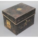A rectangular 19th Century metal deed box with hinged lid having 2 facsimile labels to the side