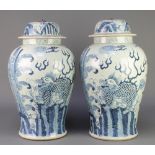 A pair of Chinese blue and white provincial oviform vases and covers decorated with dragons