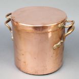 A 19th Century cylindrical copper twin handled saucepan and lid 10 1/2" x 10", the side handles