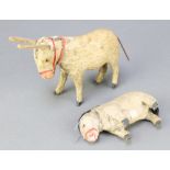 A Continental felt figure of a donkey with moving ears 4" together with ditto foal 2"