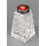 A Sterling silver and red guilloche enamel shaker with faceted body 5"