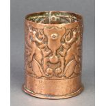 A Newlyn style cylindrical embossed copper spill vase decorated stylised dragons 3"