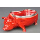 An early 20th Century Royal Doulton flambe bowl in the form of a pig with silver rim 6 1/2" The