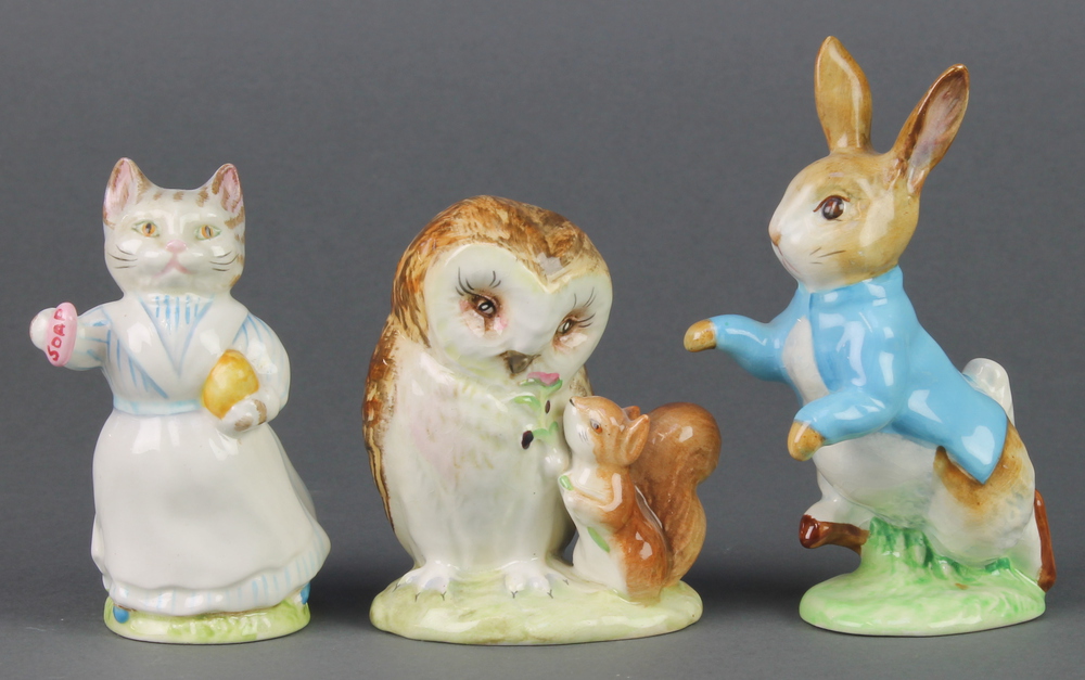 3 Beswick Beatrix Potter figures - Old Mr Brown 1796 3 1/4", Tabitha Twitchett 1676 3 1/2" and Peter