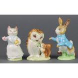 3 Beswick Beatrix Potter figures - Old Mr Brown 1796 3 1/4", Tabitha Twitchett 1676 3 1/2" and Peter