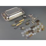 A silver plated entree dish, minor cutlery and coins