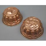 2 reproduction copper jelly moulds 8" together with a copper warming pan with engraved lid and