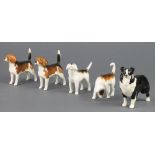 2 Beswick Beagle Wendover Billy 1939 3", 2 others 1 head raised, 1 head down turned 3" and a sheep