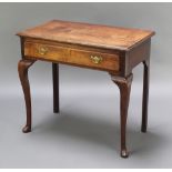 An 18th Century rectangular oak side table fitted a drawer with brass swan neck drop handles, raised