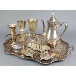 A silver plated engraved 2 handled tray 22" and minor plated items