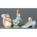 3 Beswick Beatrix Potter figures - Goody Tiptoes 1102 3 3/4", The Old Woman Who Lived in a Shoe 1545