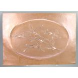 Marlier C, a rectangular embossed copper plaque decorated flying cranes 19 1/2" x 28" There are some