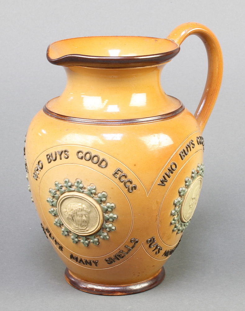 A Doulton Lambeth jug "Who buys good land buys many stones who buys good meat buys many bones buys