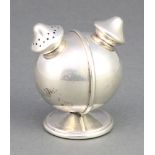 A silver spherical double condiment with separate salt and pepper spouts, Birmingham 1937 2 1/2"