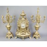A reproduction 19th Century style French clock garniture comprising an 8 day striking clock