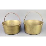 2 brass preserving pans with swing handles 7"h x 14" diam.