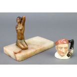 An Art Deco spelter and white marble ashtray decorated a figure of a kneeling lady 7" and a Royal