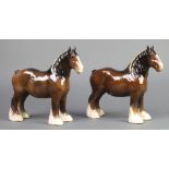 2 Beswick Shire Mares, brown gloss, 818 8 1/2"