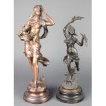 A light bronze figure of a standing girl with basket of flowers 8" and a spelter figure of a
