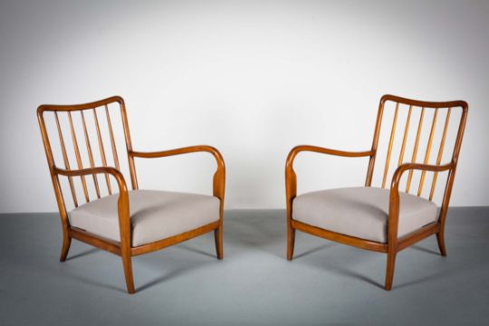 A PAIR OF CHERRYWOOD ARMCHAIRS AND STOOL - Image 1 of 2