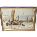 JOHN TERRIS, R.W.S, BRITISH, 1864-1914 WATERCOLOUR depicting a boat and figures on the quayside,