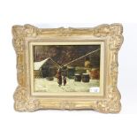 G. SCHNEIDER? 19TH CENTURY OIL PANEL depicting a rural scene with a lady and child beside snow