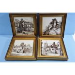 A SET OF FOUR VICTORIAN MINTON GLAZED POTTERY TILES printed in monochrome with town and landscape