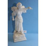 A 19TH CENTURY WHITE ALABASTER FIGURE OF A YOUNG GIRL carrying a faggot of sticks, raised on a