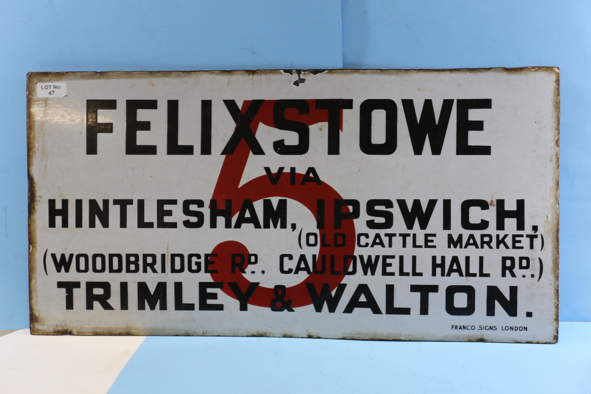 AN EARLY 20TH CENTURY ENAMELLED DOUBLE SIDED "FELIXSTOWE VIA HINTLESHAM" ROUTE 5 SIGN, 28 1/2 ins