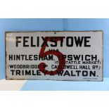 AN EARLY 20TH CENTURY ENAMELLED DOUBLE SIDED "FELIXSTOWE VIA HINTLESHAM" ROUTE 5 SIGN, 28 1/2 ins