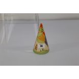 A CLARICE CLIFF NEWPORT POTTERY CONICAL SUGAR SHAKER decorated in the Windbells pattern,