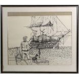M L Huggett XX,
Pen ink,
Waving to The Victory ship,
Signed lower right,
Aperture 19 1/2 x 23 5/