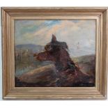 School of Edwin Landseer PRA XIX,
Oil on canvas,
A deerhound looking across to a castle ruin on