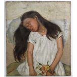 Early- mid XX English School,
Oil on canvas,
Asleep , portrait of a young girl having fallen asleep,