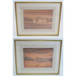 Pair of framed copper plates , one depicting an early train travelling through countryside, the