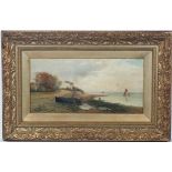 F Rosser XIX-XX,
Oil on canvas,
A Estuary with steamer, figures ans sail boats Signed lower left,