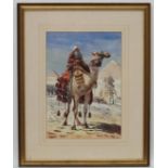 Egyptian School XX,
Watercolour and pencil,
A Bedouin on camel before the Great Pyramids.