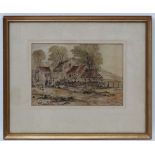 A Breckner XX-XIX, 
Watercolour,
Figures stood by a stone built farm,
Signed lower left.