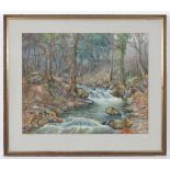 Sam Dean XX,
Watercolour.
Trout fishing on a woodland river.
Signed lower right.