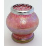 Loetz / Davidson style vase : a pink iridescent bellied small vase with chromed net cover,