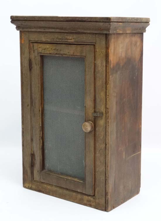 A Victorian scumbled pine cheese safe wall mounted with grill to front. - Image 4 of 4