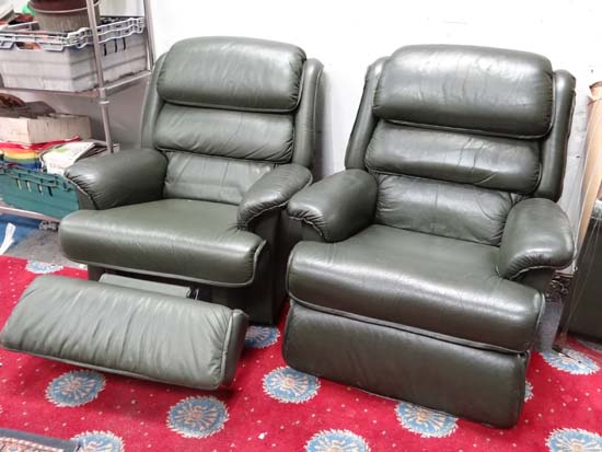 2 Lazy Boy green leather reclining armchairs CONDITION: Please Note - we do not