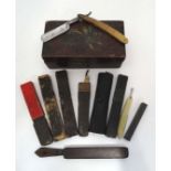 Qty cut throat razors + strop + sharpeners in box CONDITION: Please Note - we do