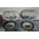 2 game bird plates + 2 blue and white hunt scene plates (4) CONDITION: Please Note -